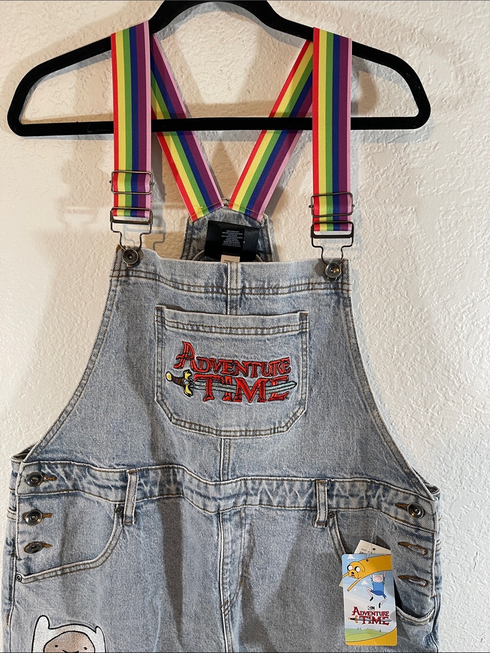 Adventure Time Rainbow Straps Denim Shortalls With Pockets Size XL NEW - Picture 3 of 14